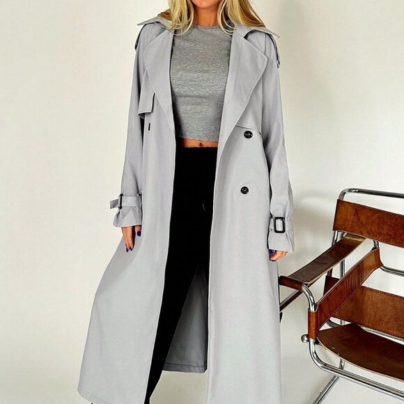 Grey Casual Womens Lapel Neck Raglan Sleeve Belted Trench Coat - Picture 2 of 4